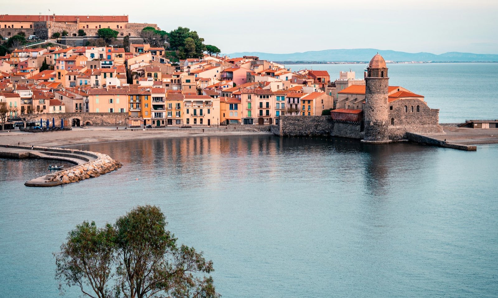 Vue panoramique de Collioure : le clocher Notre-Dame-des-Anges et les maisons colorées au bord de la Méditerranée